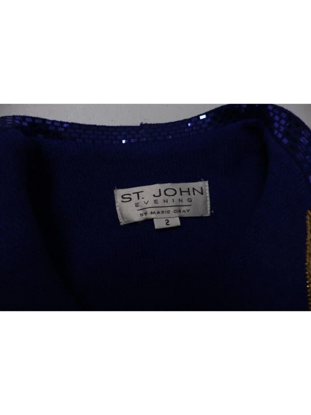 St. John Evening Blazer Size 2 Royal Blue Santana Knit Gold Sequin Trim Button - Picture 13 of 15